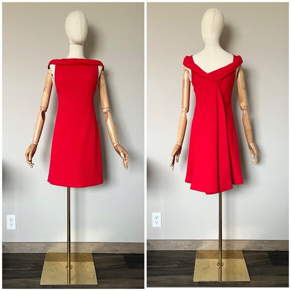 Per Se By Carlisle Sz US 0 UK 2 Red Train Back 100% Wool Boat Neck Sheath Dress - Picture 1 of 16